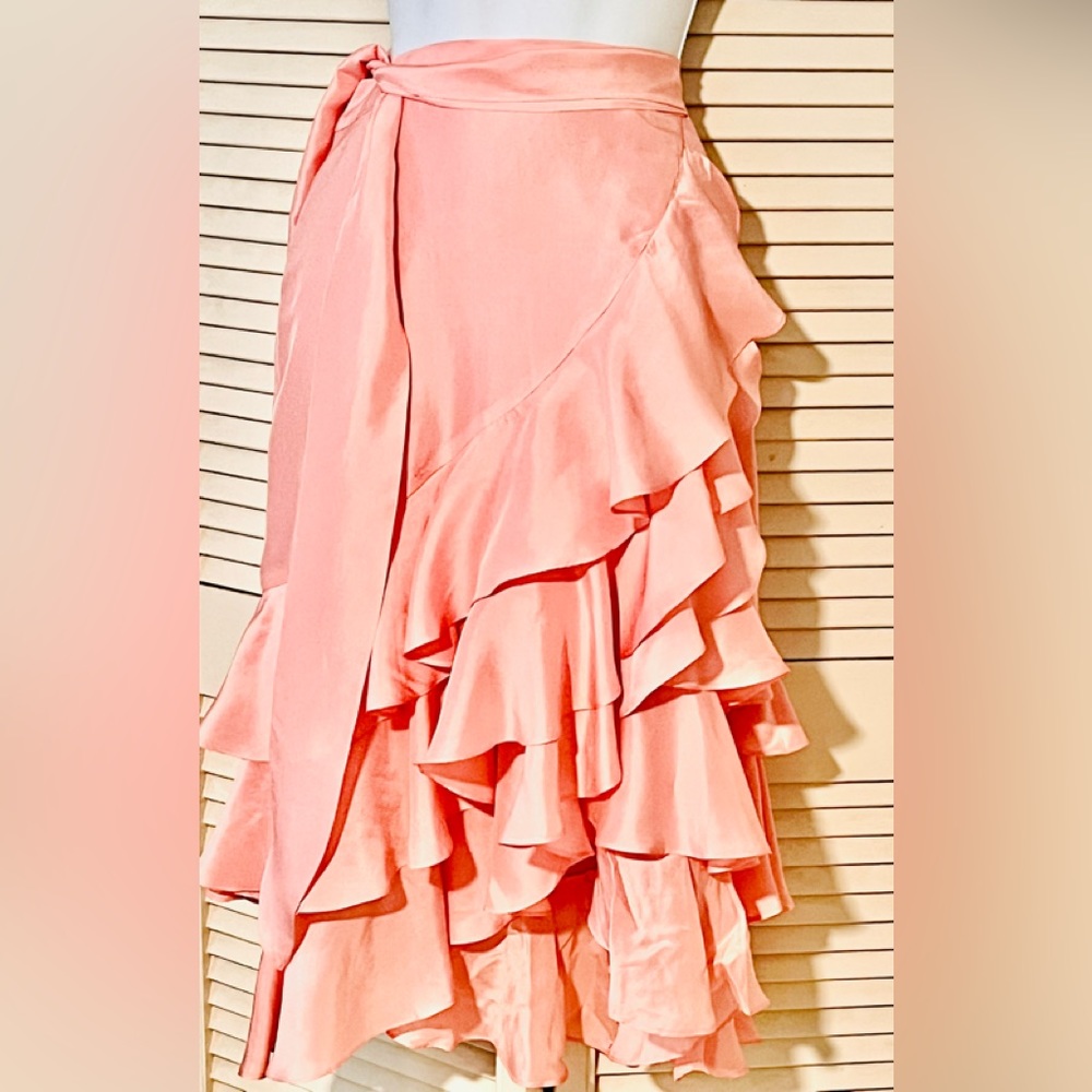 Ralph Lauren 3 tier ruffled silk skirt side zip asymmetrical hem self tie @waist - Picture 4 of 5